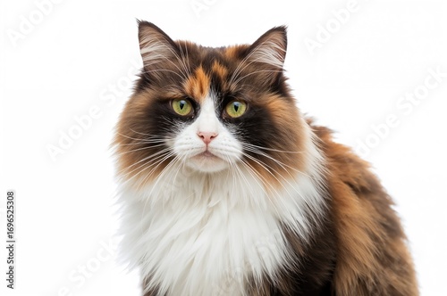 A long-haired calico feline gazes intently with a quirky facial expression against a plain backdrop
