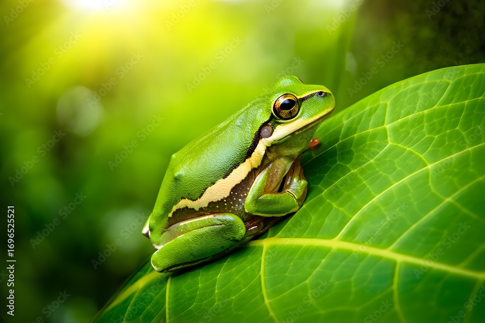 Naklejka premium Tiny green tree frog resting on a vibrant leaf with soft sunlight filtering through foliage
