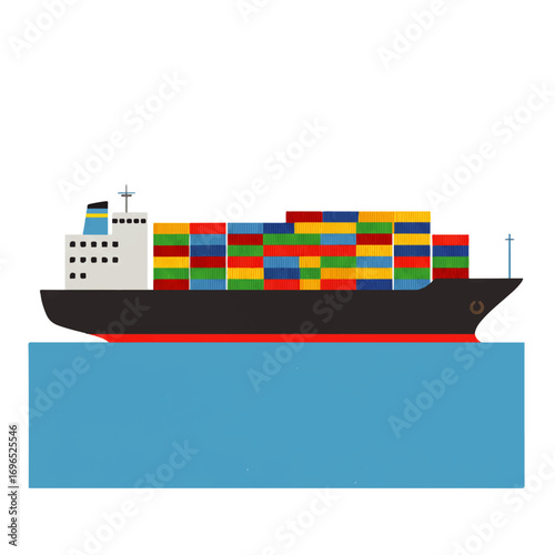 A cargo ship filled with colorful shipping containers sails on the ocean, transporting goods.