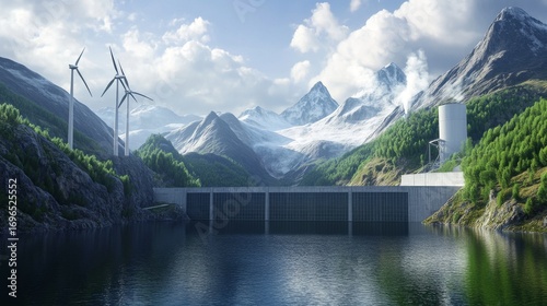 Hydroelectric Dam with Wind Turbines in a Mountainous Landscape