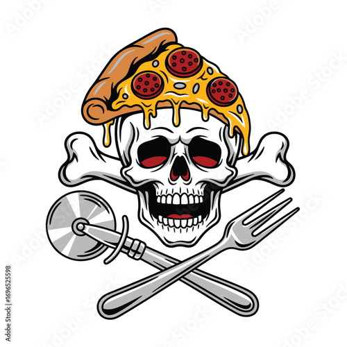 Pizza on a Skull with Crossed Fork and Pizza Cutter