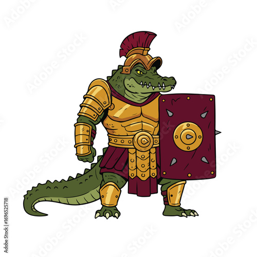 A green crocodile in gold armor a red shield and a helmet stands against a white background