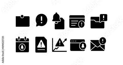 Alert, notification filled icon set. messages, warnings, reminders in solid style