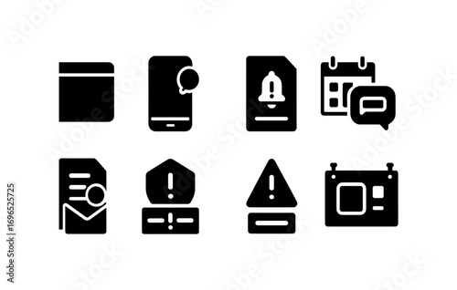 Notification management solid icon set. alerts, reminders, messaging in solid style