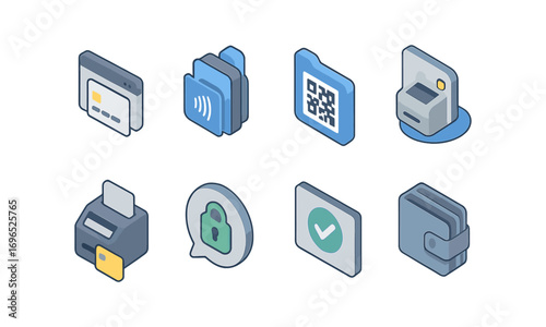 Finance and security icon set in 3d. payment, qr code, wallet, lock, printer icons