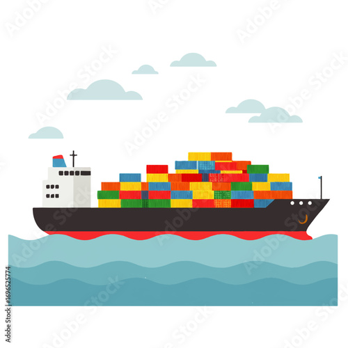 A cargo ship filled with colorful shipping containers sails on the ocean under a cloudy sky.