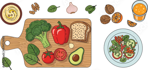 Vibrant assortment of fresh vegetables, fruits, and healthy food items arranged artfully.