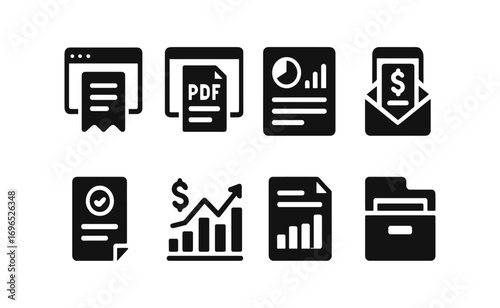 Business documents solid icon set. finance, report, pdf management icons collection