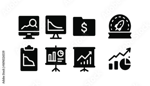 Business analytics solid icon set. data, finance, graphs solid collection