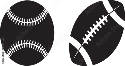 Black silhouette icons of a baseball and an American football on white sports ball game