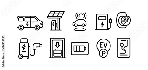 Electric vehicle charging linear icon set: ev, power, station, battery, plug designs