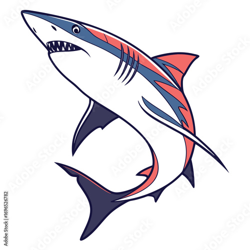 Stylized shark illustration with red and blue accents