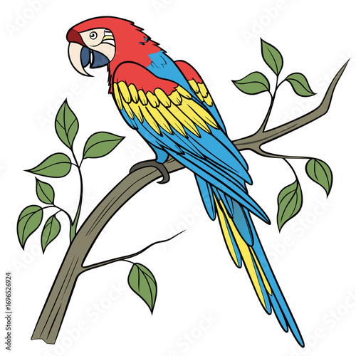Scarlet macaw parrot perched on a tree branch with green leaves