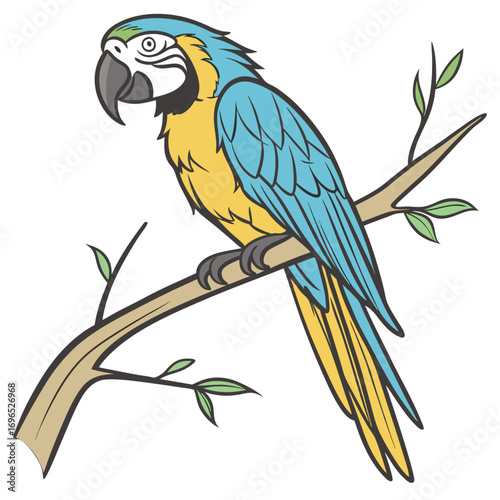 Blue and yellow macaw parrot sitting on a branch