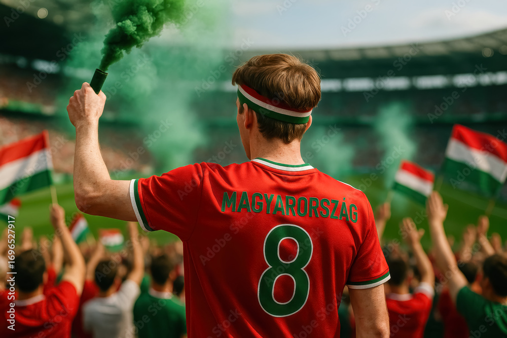 Fototapeta premium Hungarian soccer fan with green smoke flare in crowd