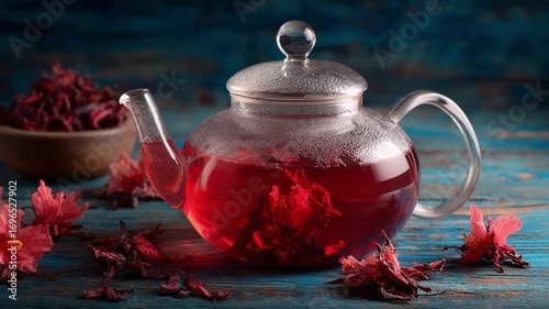 Hibiscus Tea Delight: A steaming glass teapot filled with vibrant, ruby-red hibiscus tea, inviting you into a world of flavor and tranquility, on a rustic wooden surface.