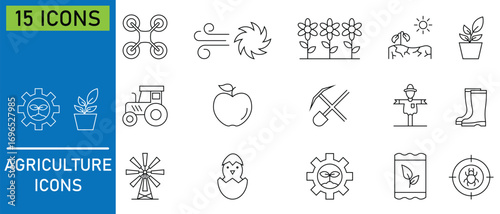 Organic farming icon set. Vector icons of tractor, field, crops, irrigation, farming. Spring growth stage, seeds, seedling, drought, soil testing, agriculture vector. 