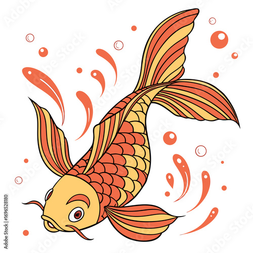 Orange and yellow koi fish swimming with bubbles