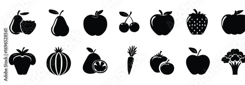 Fruit and vegetable silhouettes collection in black and white for health and wellness promotion diet