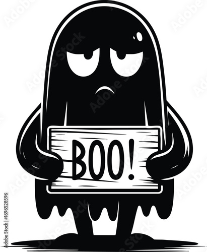 Cute Halloween Ghost holding a Boo sign silhouette vector illustration isolated on a white background