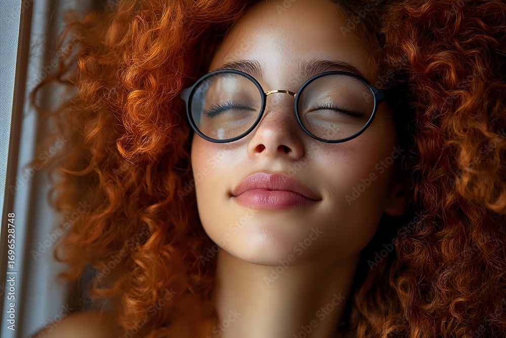 Obraz premium Young woman with natural curly red hair and round glasses smiling with eyes closed in serene expression, showing genuine happiness and contentment.