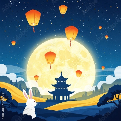 Cartoon mid autumn festival with rabbit lanterns and pagoda against full moon
