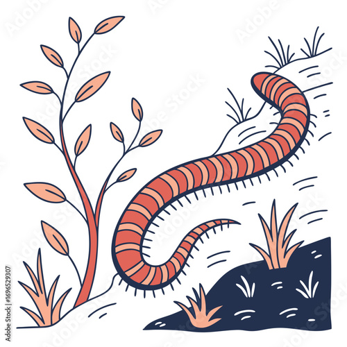 A cartoon centipede crawls through grass and dirt near a plant