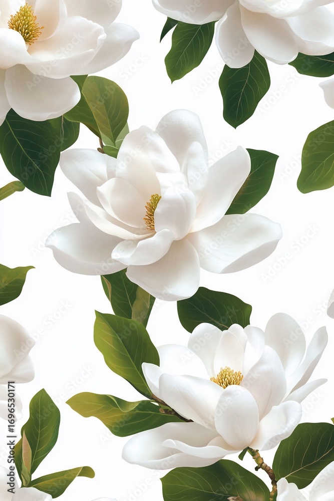 Obraz premium Elegant Seamless Pattern of White Magnolia Blossoms and Lush Green Leaves
