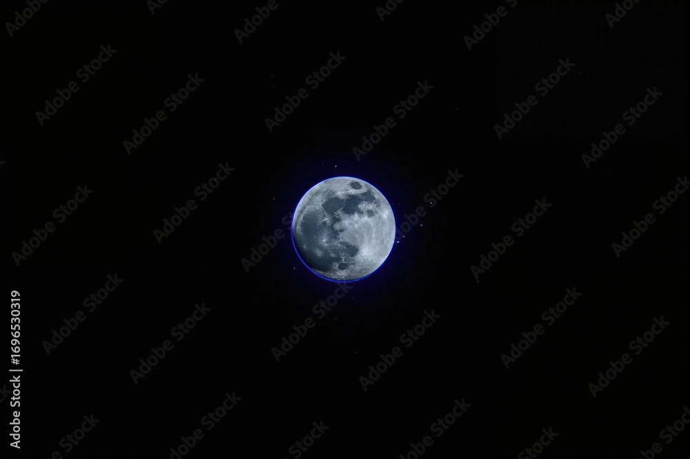 Obraz premium Blue supermoon glowing with blue halo and starry aura in dark night sky