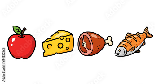 Cartoon food icons set with apple, cheese, meat, and fish, colorful game elements isolated on white background