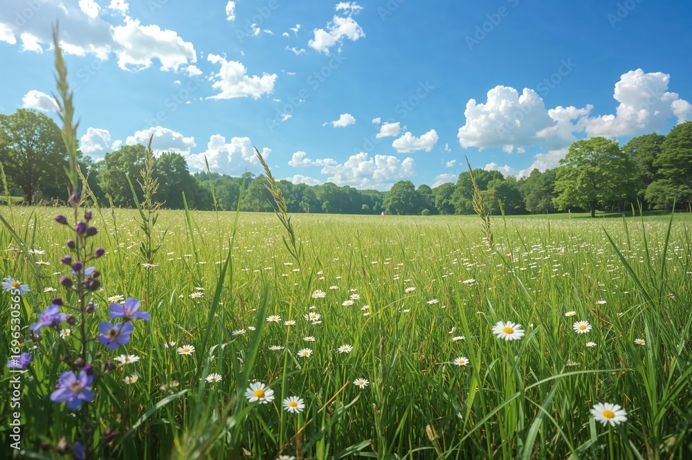 Fototapeta premium Summer landscape featuring a meadow under a clear blue sky with lush green grass