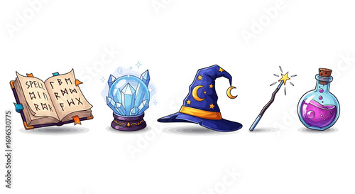 Magical icons set with spell book, crystal orb, wizard hat, magic wand, and potion bottle, fantasy pack isolated on white background