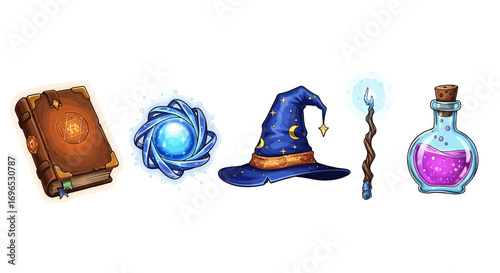 Magical icons set with spell book, crystal orb, wizard hat, magic wand, and potion bottle, fantasy pack isolated on white background