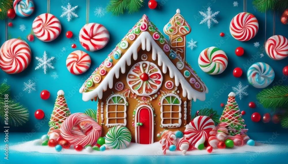 Fototapeta premium a gingerbread house decorated with candy canes and candy canes on a blue background with snowflakes and candy canes generative ai