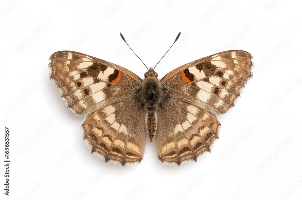 Fototapeta premium Single butterfly isolated on a plain white backdrop, Tomares nogelii species