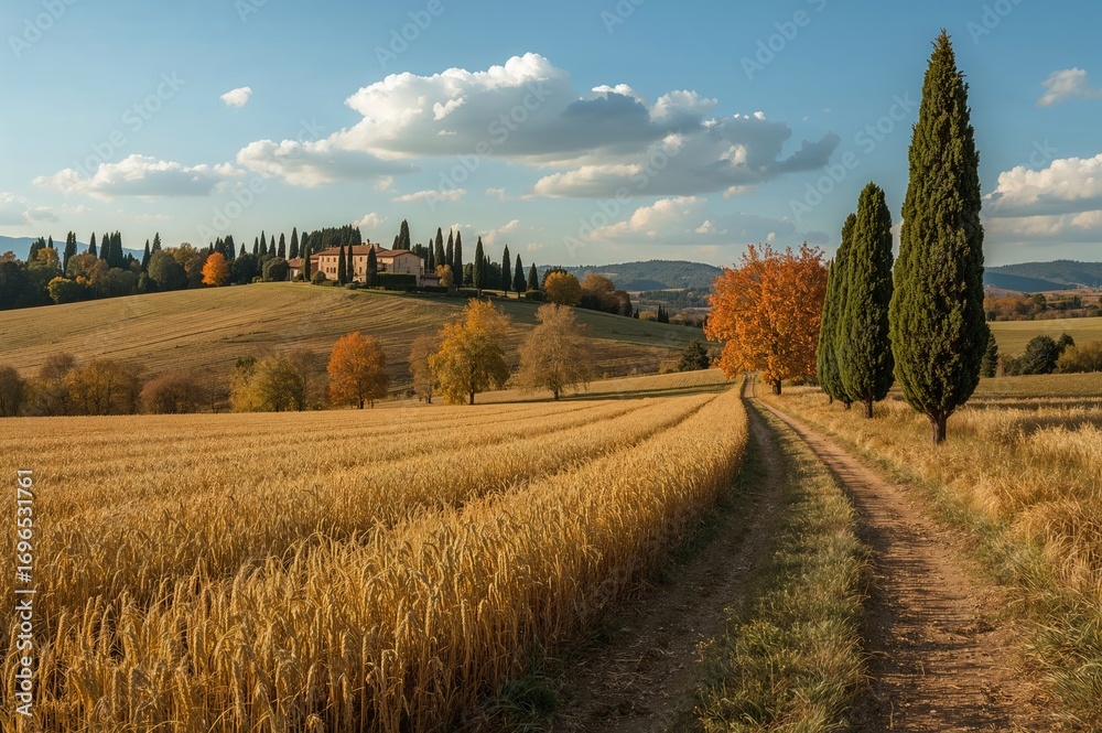 Obraz premium Scenic view of farmland, rolling hills, and foliage during the autumn season