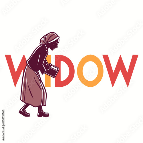 Silhouette of a woman walking past the word widow