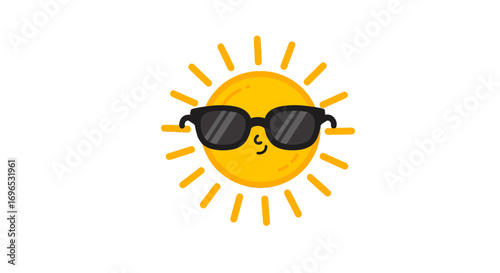 Cartoon summer sun with sunglasses bright sunshine yellow happy face sunny day summer vacation holiday vector on transparent background