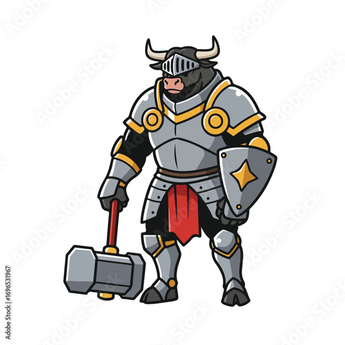A minotaur in full plate armor holding a hammer and shield standing against a white background