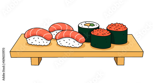 Delicious sushi rolls salmon nigiri ikura on wooden tray japanese cuisine food asian seafood culinary art on transparent background