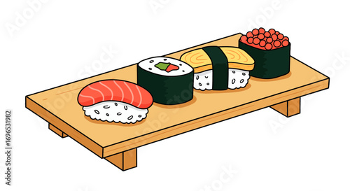 Delicious japanese food sushi platter assortment salmon roll egg ikura on wooden board cartoon illustration on transparent background