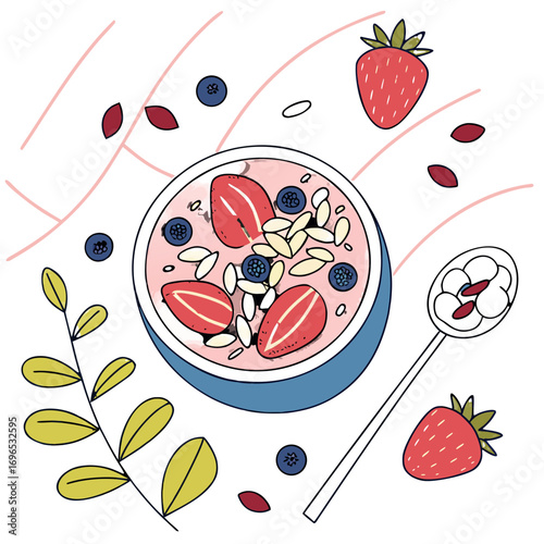 Line Art Illustration of a Healthy Breakfast Bowl with Berries

