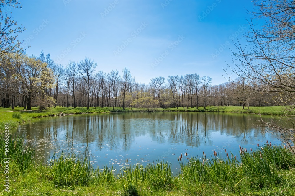 Obraz premium Expansive water body encircled by lush greenery. Outdoor camping scene. Seasonal scenery with clear skies.