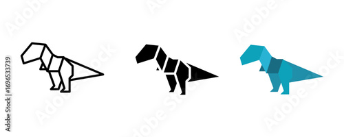 Dinosaur icon set. Illustration of Tyrannosaurus Rex in geometric and origami style with line, solid black and colored version. Available in eps format.