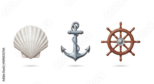 Ocean icons set with seashell, anchor, and steering wheel, nautical sea elements isolated on white background