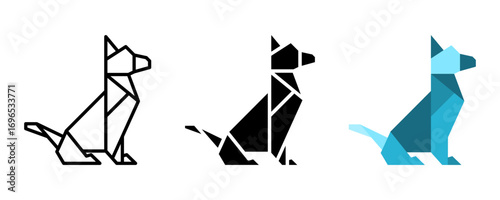 Dog icon set. A minimalist illustration of a dog in geometric style, made with triangles and simple line art. Great for logo, icon, or any design project.