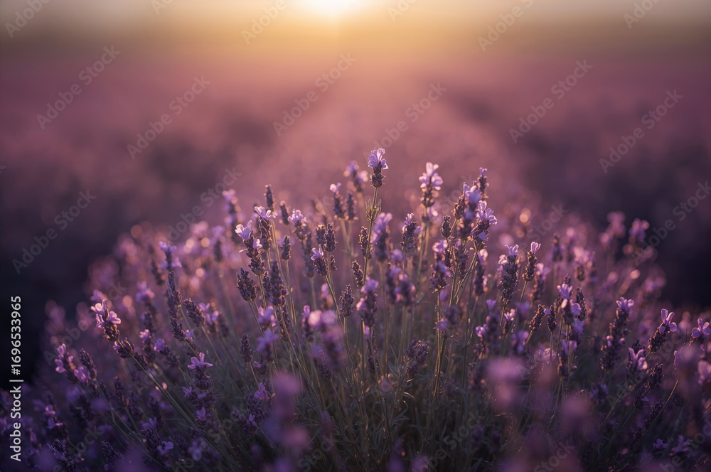 Naklejka premium Close-up of a lavender meadow with a gentle blur