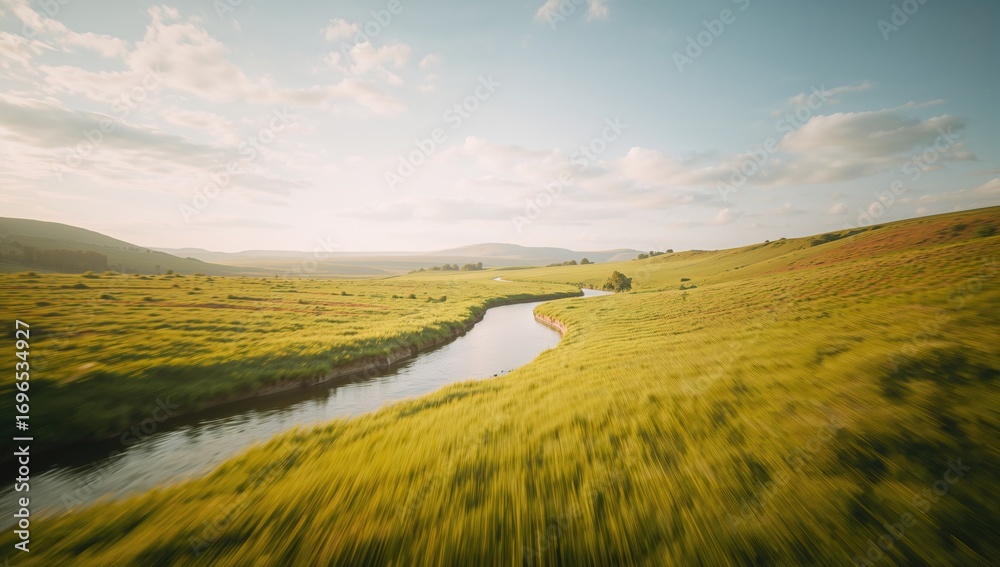 Fototapeta premium A river flowing through a lush green meadow in the countryside