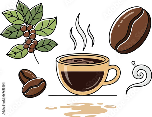 Steaming coffee cup with beans and branch, evoking morning energy and aroma.