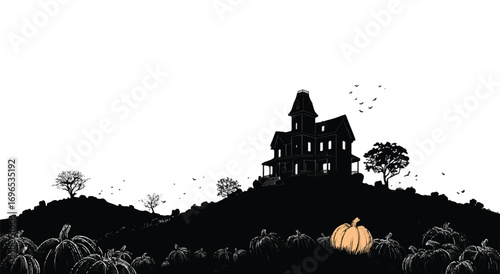 Haunted house silhouette on a hill with pumpkins graphic Halloween October dark night scene
